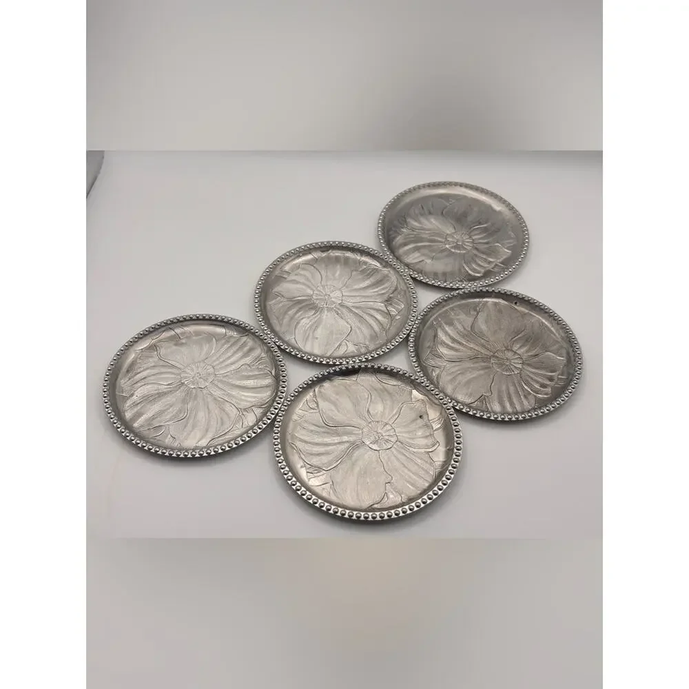 Set of 10 Vintage Floral Embossed Aluminum Metal Drink Coasters